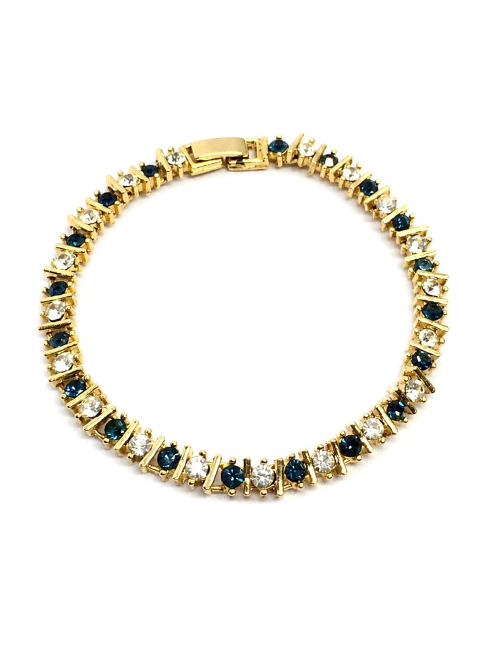 Vintage Tennis Bracelet Gold Tone Blue Clear Glass Rhinestones 7.25"